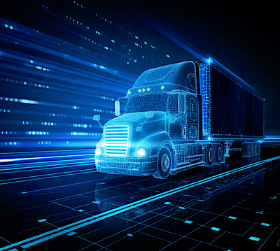 Futuristic digital illustration of a truck with glowing blue lines and digital effects.