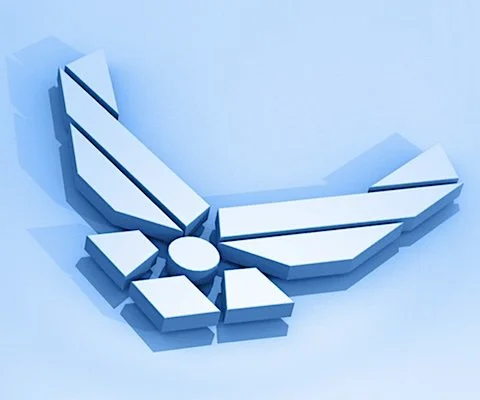 A stylized white eagle emblem with black accents, set against a light blue background.
