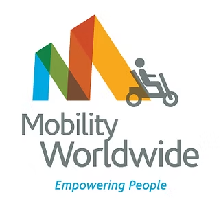 Logo for Mobility Worldwide featuring a stylized 'M' in blue, green, orange, and yellow, with a wheelchair icon, and the text 'Mobility Worldwide' and the tagline 'Empowering People'.