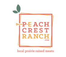 Logo for Peach Crest Ranch, a local prairie raised meats company, featuring a stylized frame with the text 'PEACH CREST RANCH' in orange, and the tagline 'local prairie raised meats' beneath.