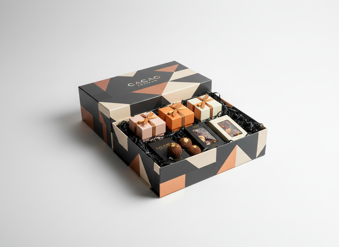 Bespoke full colour print packaging box for food brand chocolates inside