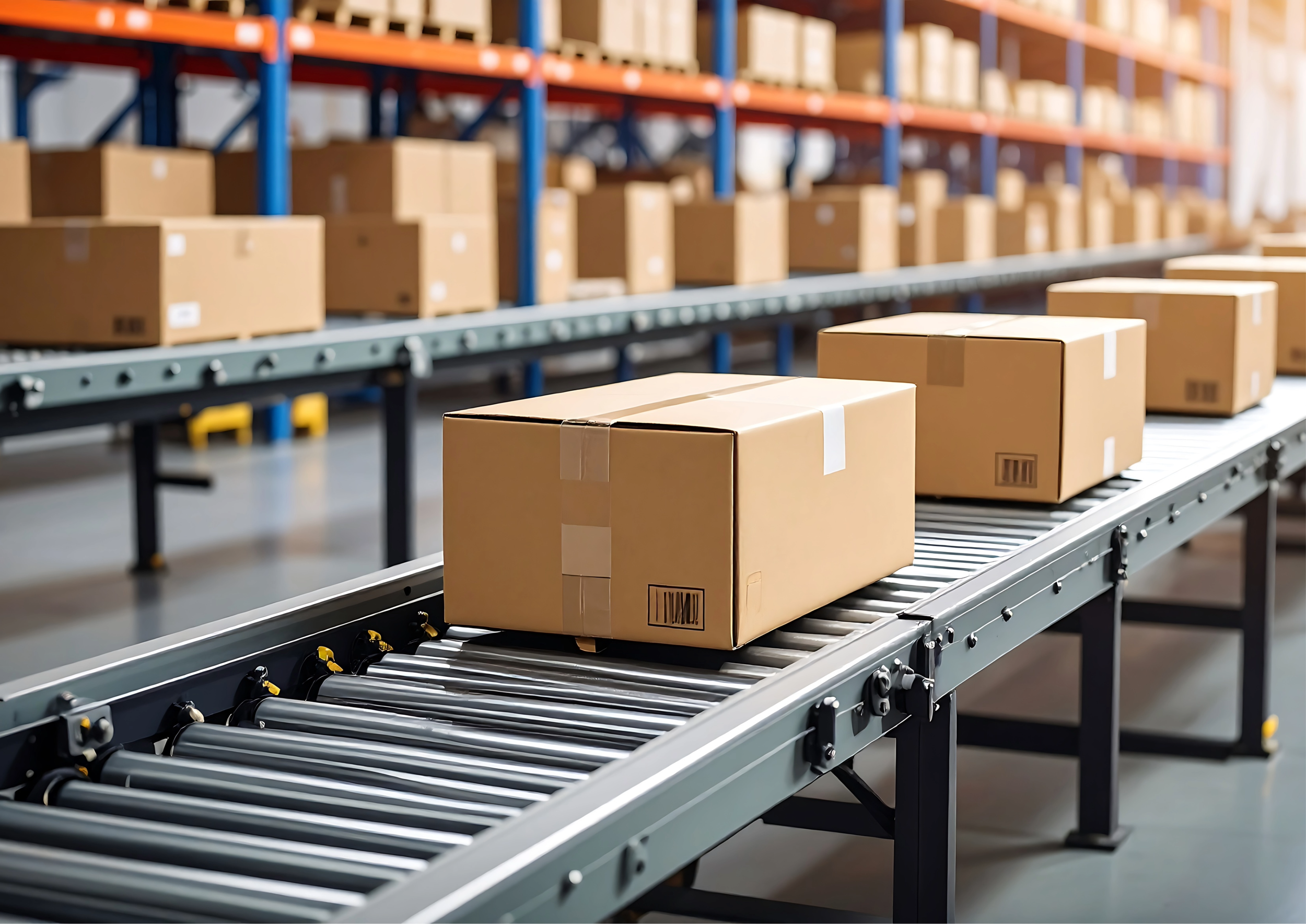 Logistic warehouse conveyor belt cardboard packaging boxes