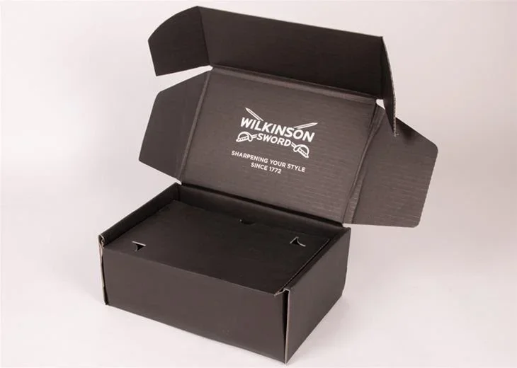 Close-up of black bespoke packaging carton with Wilkinson Sword logo printed on inside
