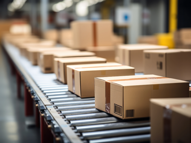 Cardboard shipping boxes moving on automated conveyor belt system in warehouse