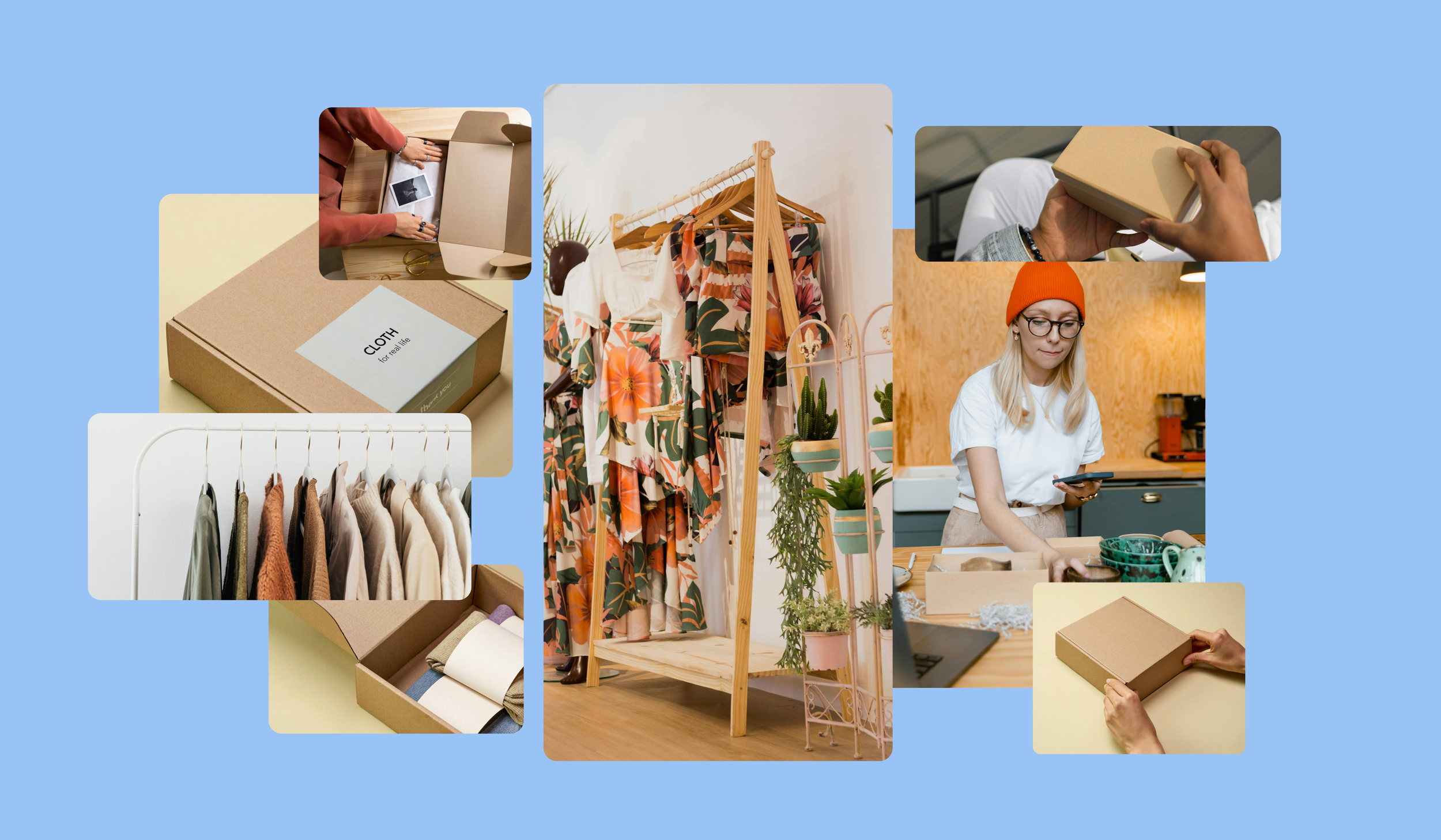 Retail packaging solutions including branded boxes, garment bags, and protective mailers for clothing and accessory businesses