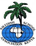 Logo of the Swedish School Association in Kenya, featuring a palm tree, a globe with the African continent, and the school's name.