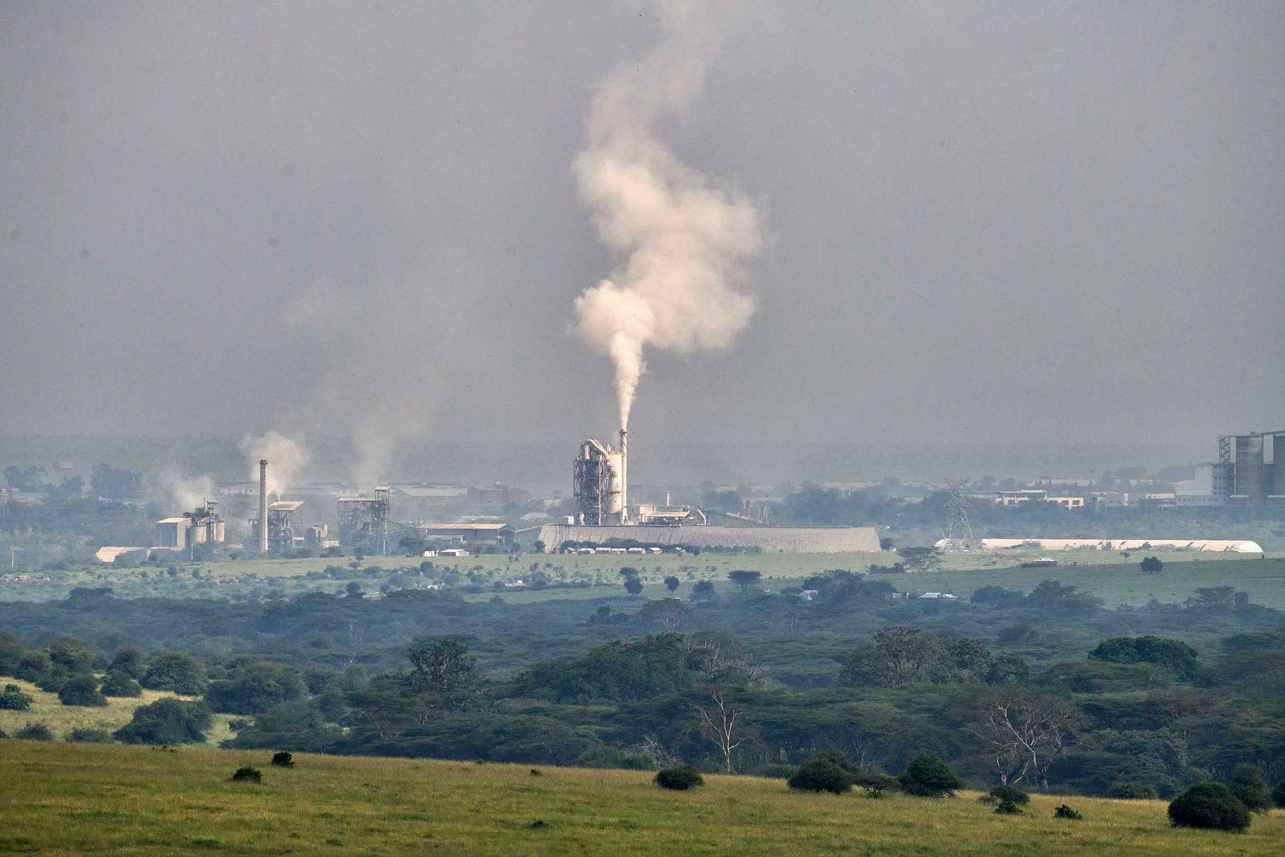Industrial factory emitting white smoke into the sky, surrounded by green fields and trees.