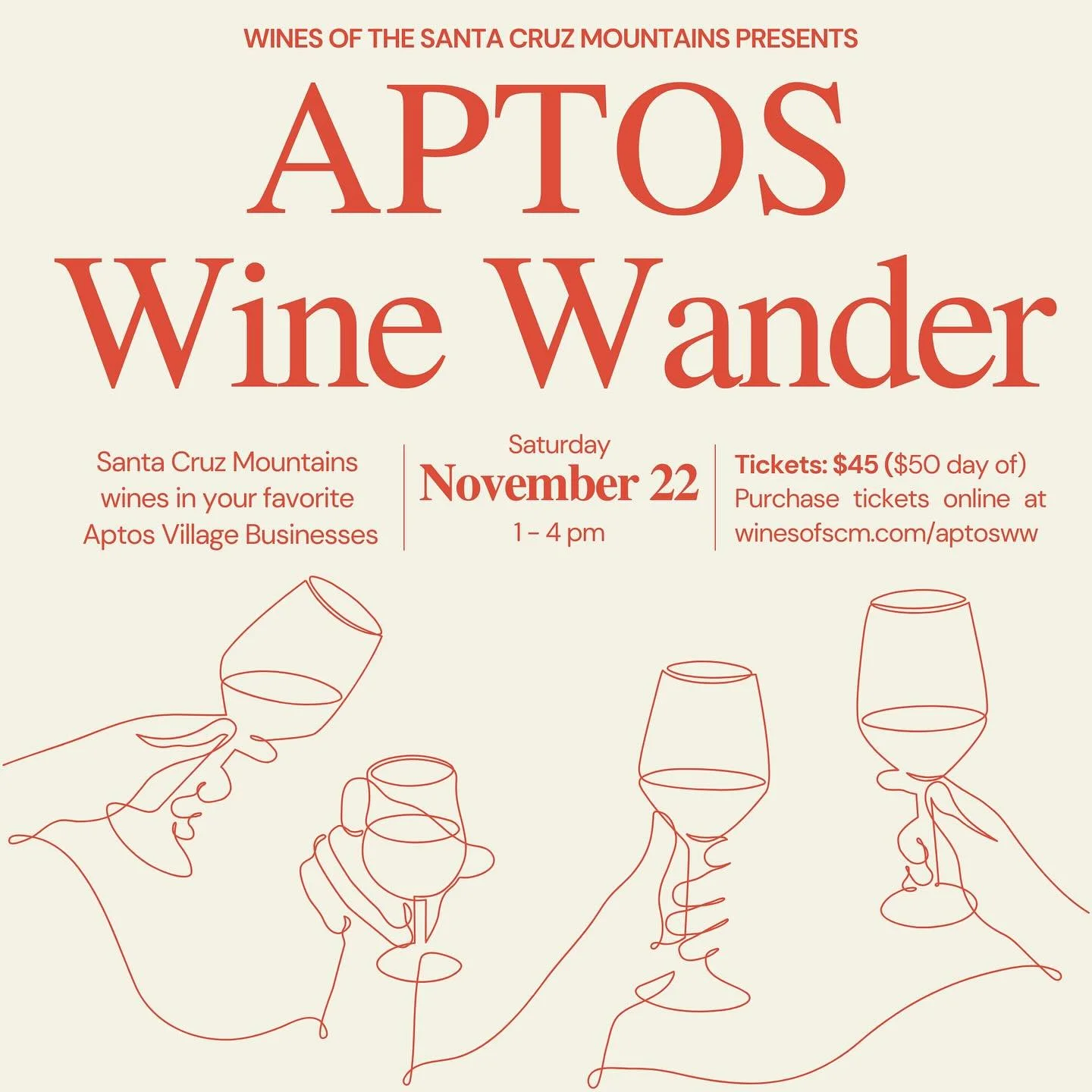 Join us in the heart of Aptos village for local wine tasting! Discover Santa Cruz Mountains wineries in the Aptos Village. Before you leave, purchase your favorite wines of the day at the bottle booth. The Aptos Wine Wander is brought to you by Wines
