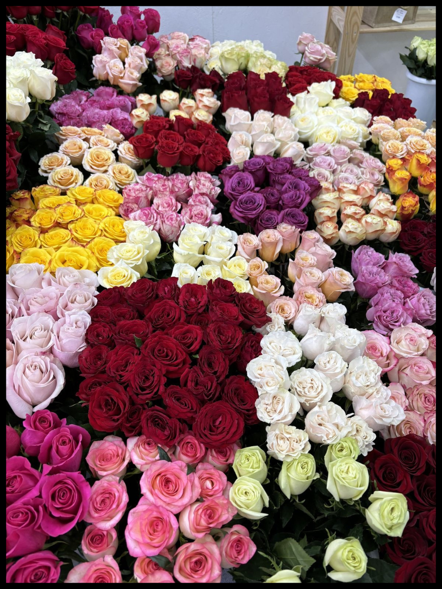 A colorful display of various roses in a flower shop, including red, pink, yellow, white, purple, and peach roses arranged in bouquets.