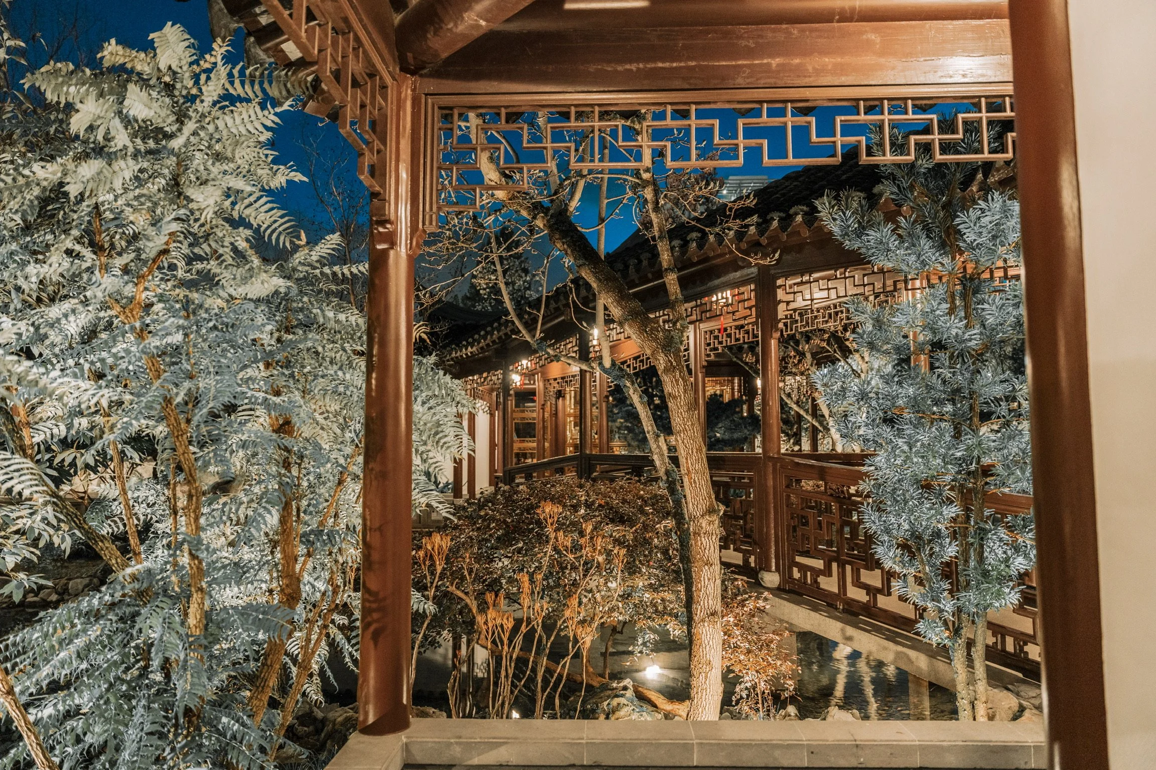 Nighttime view of a traditional Chinese garden with a wooden walkway, trees, and shrubs illuminated by warm lighting.