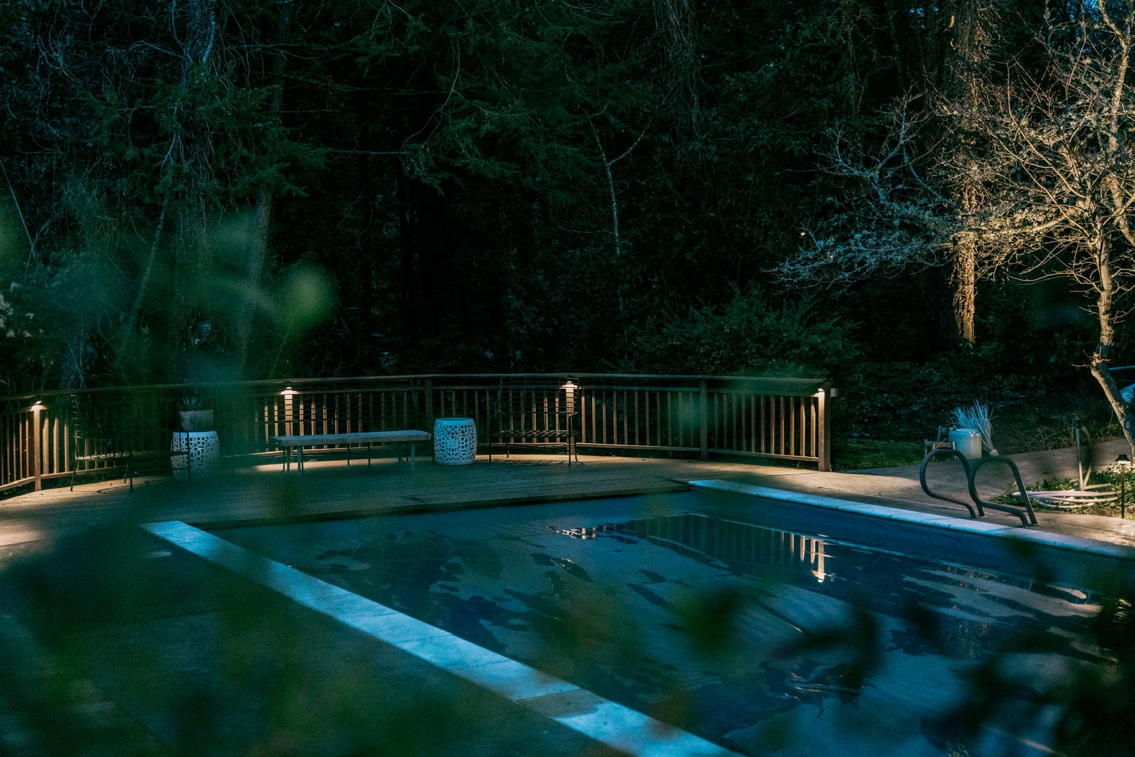 Night view of a backyard pool surrounded by a wooden deck with seating and plants, illuminated by small lights, with trees and bushes in the background.