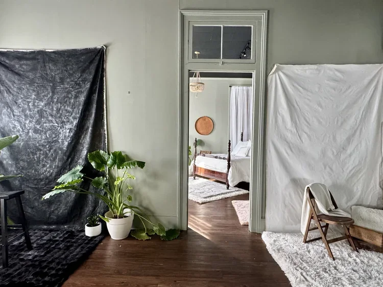 Dark velvet backdrop next to white curtain backdrop, styled boudoir photography sets, Boudoir by Emily, Beaufort SC