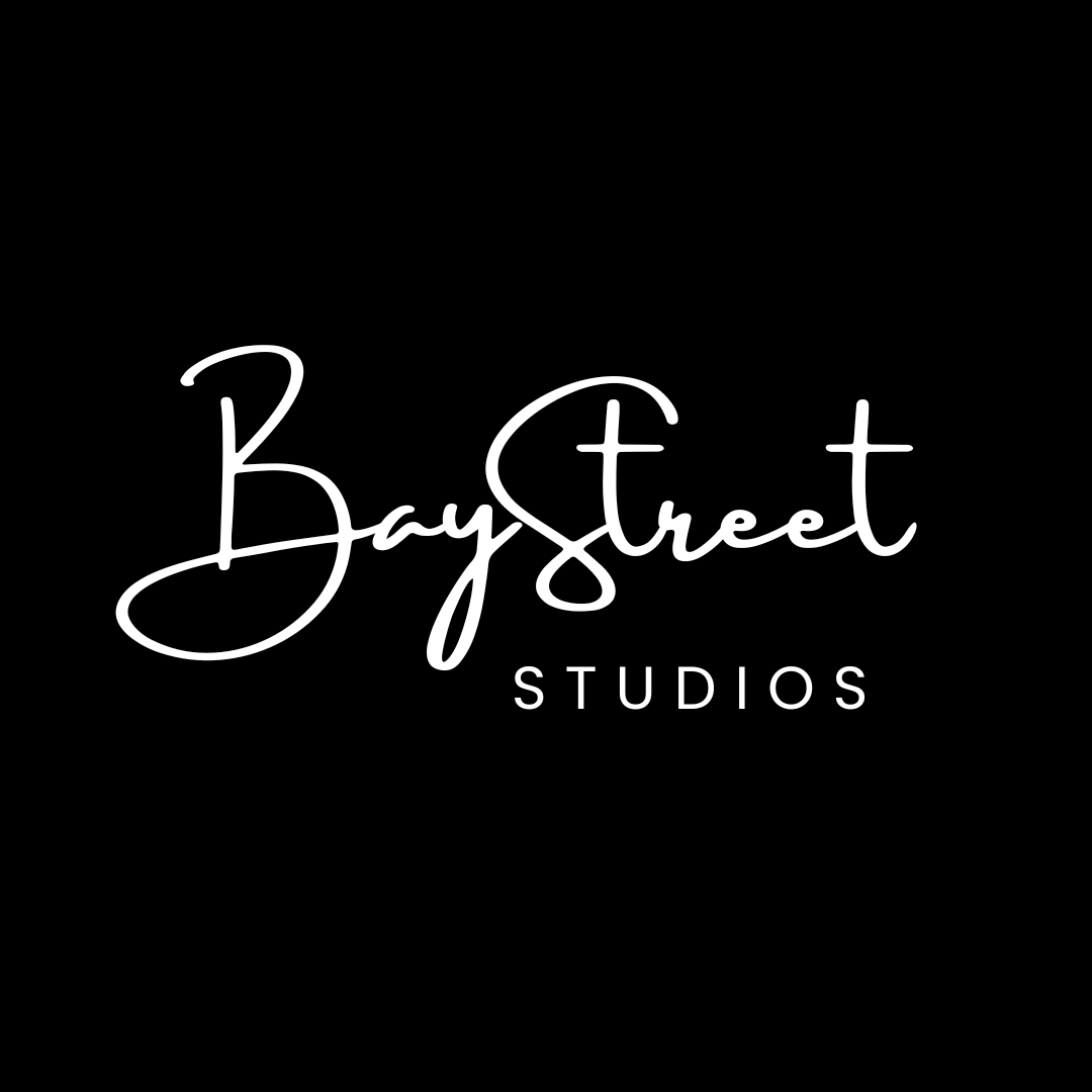 Logo for Bay Street Studios with white handwritten font on a black background.