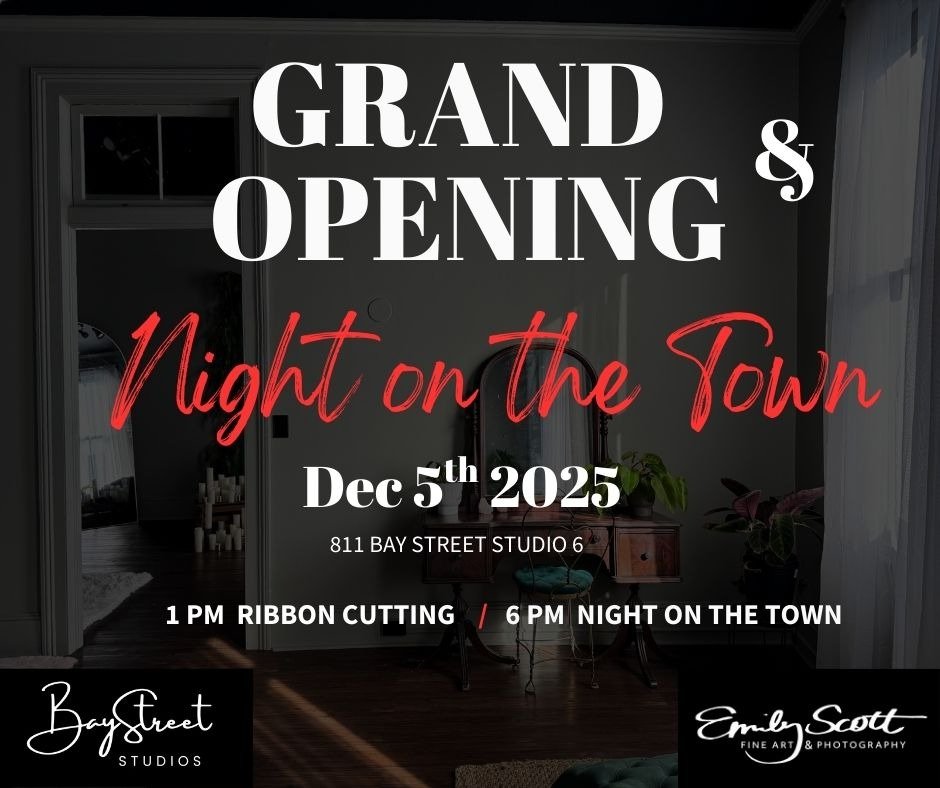 Join us THIS Friday! 

1pm- Ribbon Cutting for the Official Grand Opening of @baystreetstudiosllc and @emilyscottfineartphotography featuring new encaustic paintings by @emilyscottfineart 

6 pm will kick off Night on the Town with all the downtown B