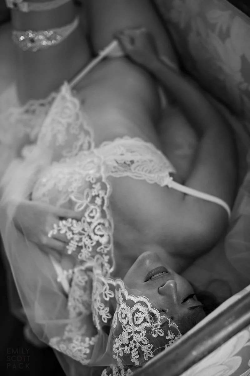 Black and white close-up bridal boudoir portrait with delicate lace and veil detail, Bay Street Studios
