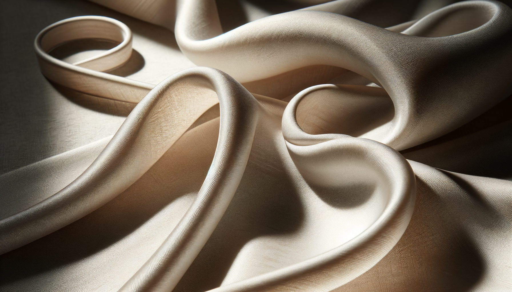 Close-up of cream-colored silk fabric with smooth, flowing folds and gentle light reflection.