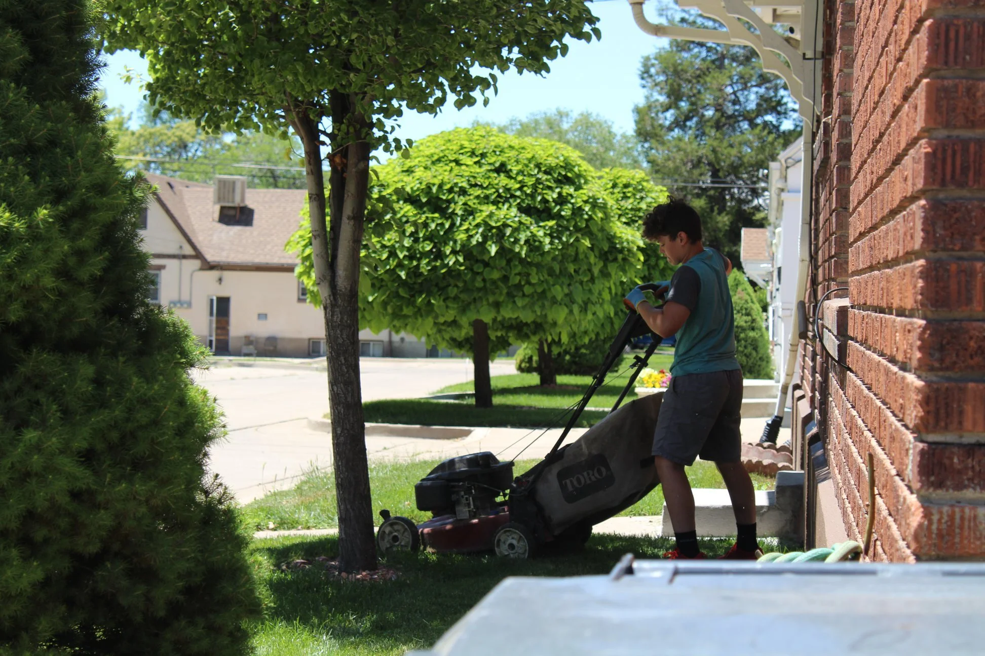 A boy mowing the lawn on a sunny day in a residential neighborhood, with green trees and bushes and houses in the background.