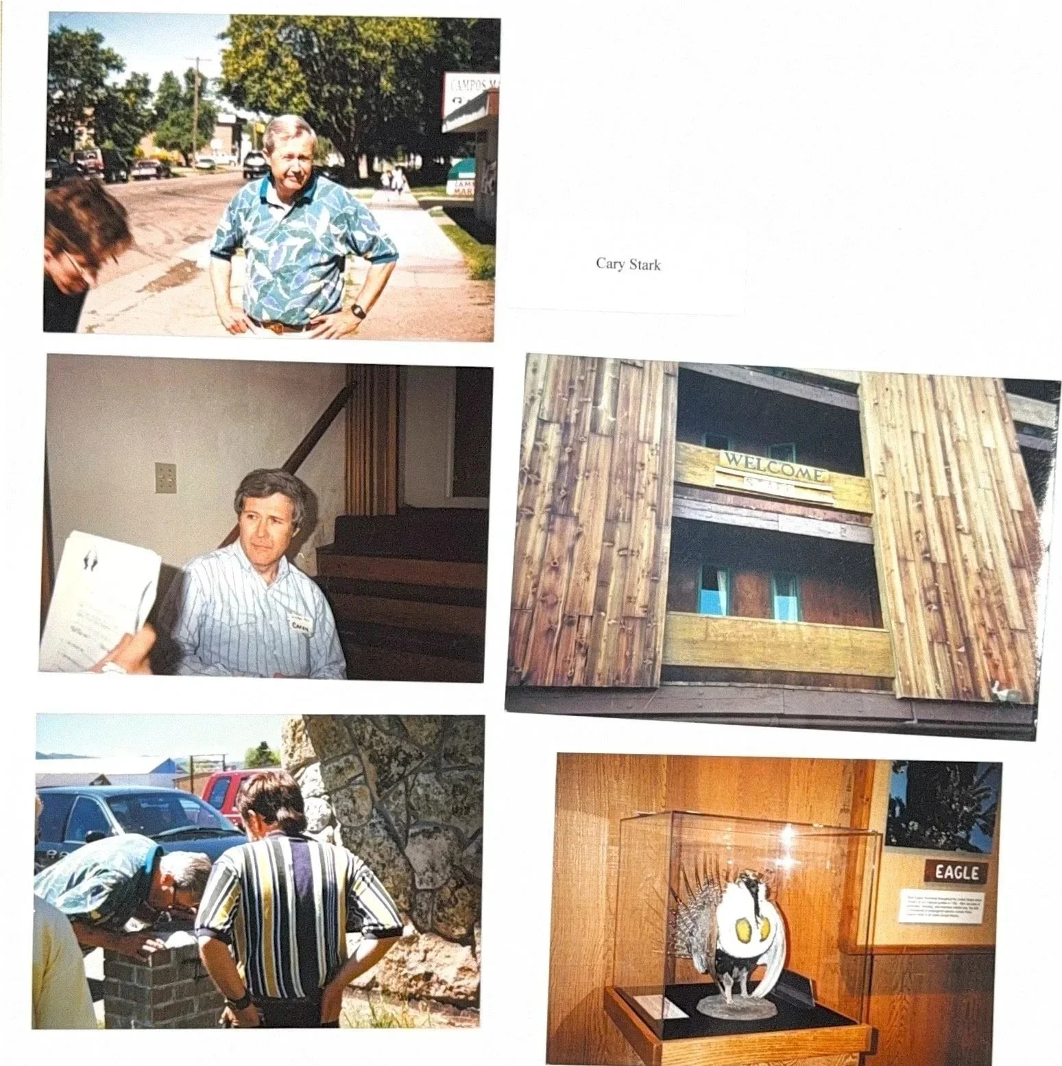 Collage of five photographs. Top left: a man with gray hair wearing a Hawaiian shirt, standing outdoors on a sidewalk with trees and buildings in the background. Bottom left: two men, one with white hair and glasses, and the other with dark hair, wea