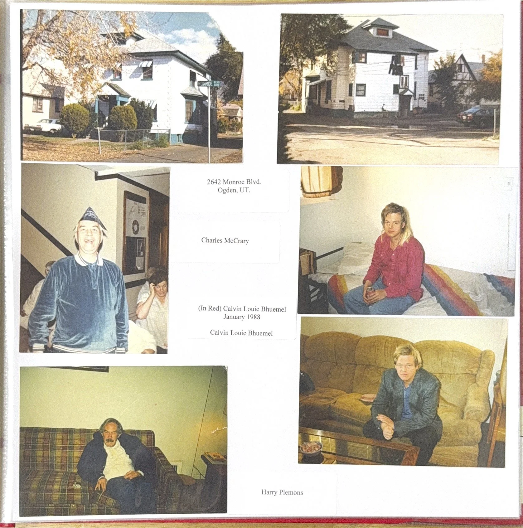 A collage of six photographs including two houses, two women sitting on a bed and a sofa, a man sitting on a sofa, and a person in a cap and gown. The paper includes text with addresses and names, such as "2642 Monroe Blvd. Ogden, UT," Charles McCrar