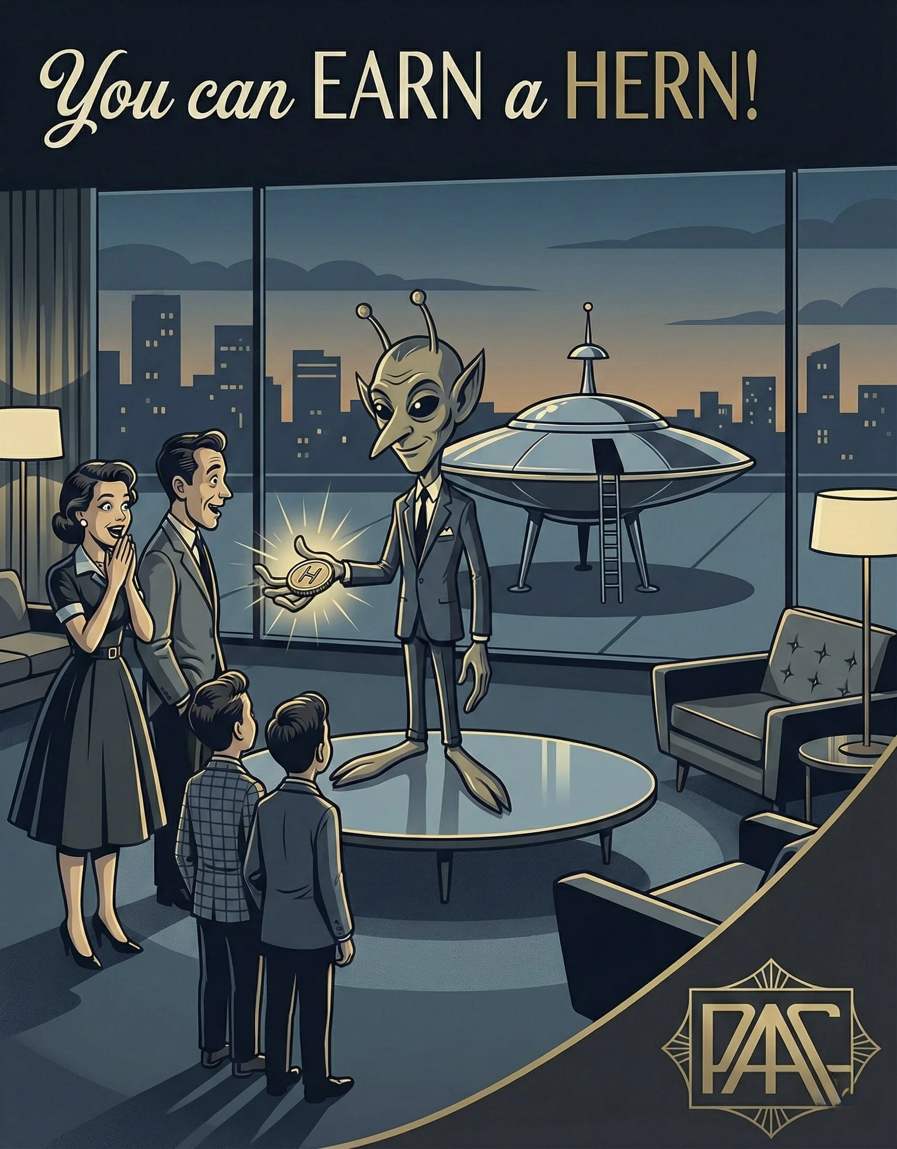 Retro-style illustration of a family in a living room, excited about a friendly alien presenting a shiny coin with a 'H' on it. The window shows a cityscape, and there is a spaceship on a rooftop in the background. The text reads, 'You can EARN a HER