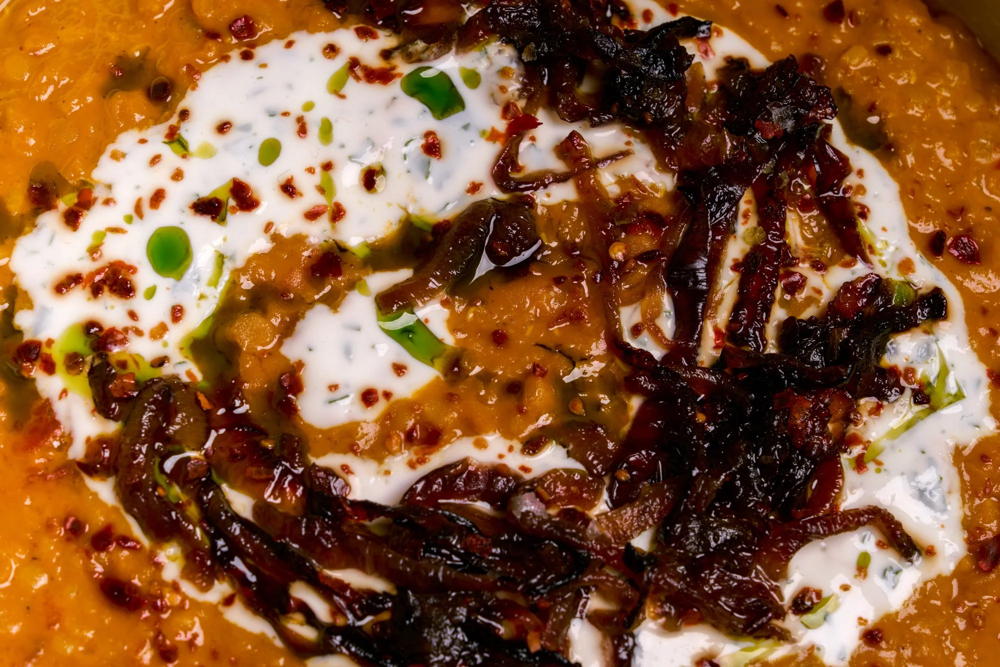 red daal with sticky onions, garlic yogurt, and cilantro oil served with green spinach flatbreads