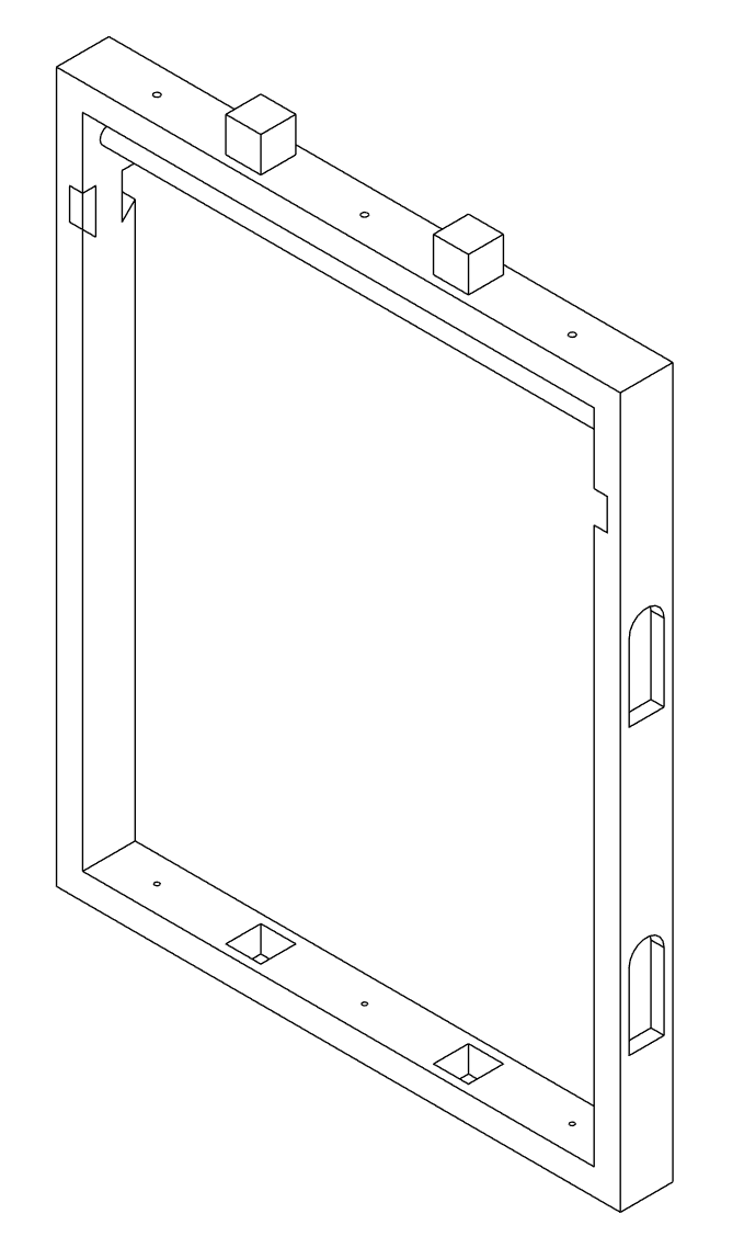 The structural backbone of TOPOLOGY. Two identical frame modules connect vertically via a peg and bolt system, assembling into a full standing structure in minutes. French cleat receivers run the full height of each vertical member, accepting any dis