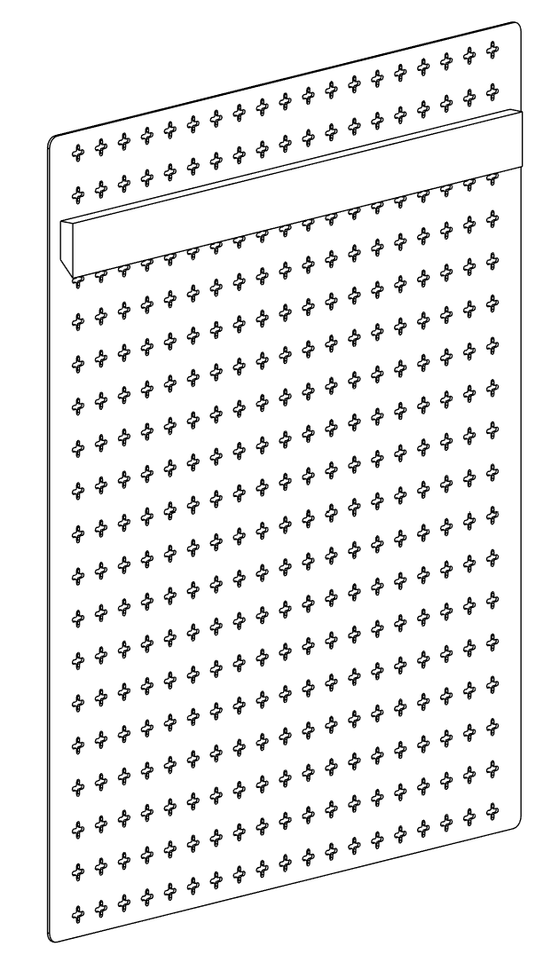 The display surface of TOPOLOGY. Standard pegboard compatible with thousands of commercially available accessories, or swap in fabric panels, graphic panels, or custom surfaces. Hang and remove in seconds via the integrated French cleat system.