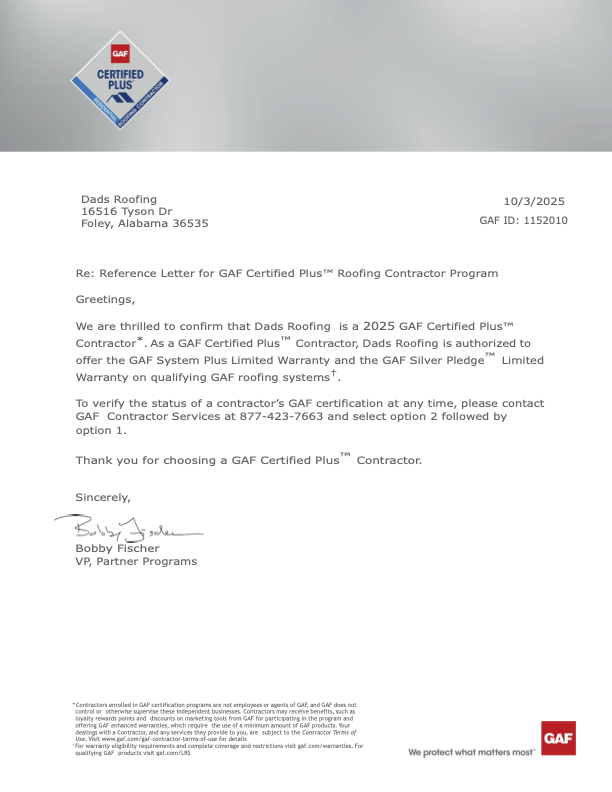 A confirmation letter from Dads Roofing on GAF letterhead, dated October 3, 2025, confirming their status as a 2025 GAF Certified Plus roofing contractor.
