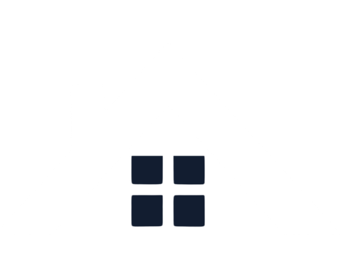 Logo of a house with a roof and chimney, featuring four windows.