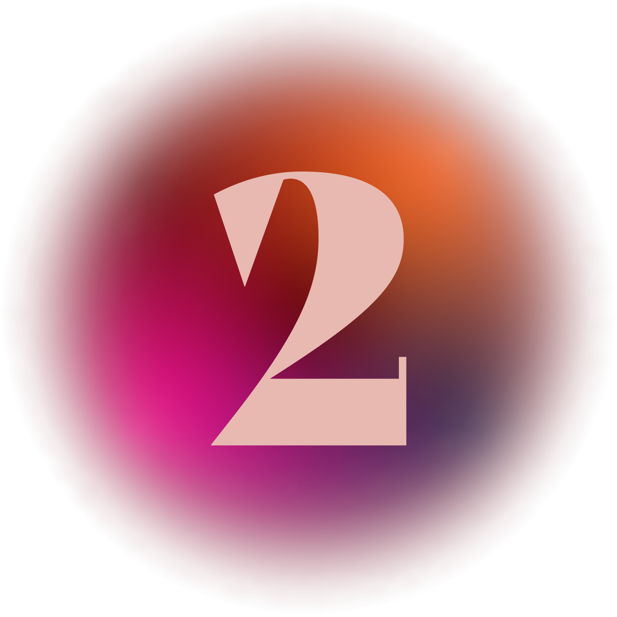 Number 2 displayed over a colorful, blurred background with red, pink, orange, purple, and black hues.