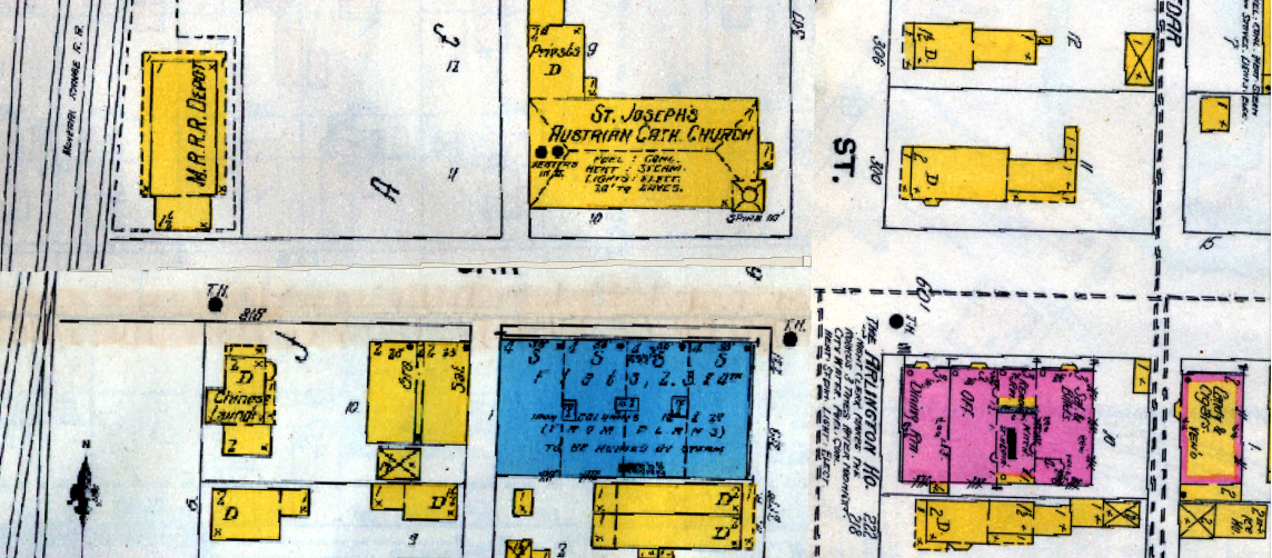 an image from the 1888 Sanborn map of Oak street in calumet michigan
