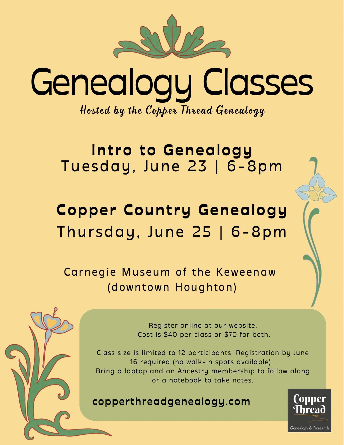 Interested in starting your family tree? Want to know more about how to do genealogy research in the Copper Country? We are offering two classes this spring at the @keweenawcarnegie. Register for the class or for our newsletter (link in bio) to recei