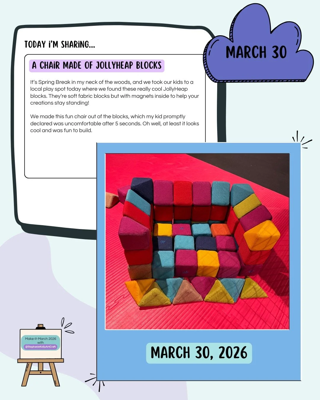 Day 30: JollyHeap Block Chair

It's spring break in my neck of the woods, and today we adventured to local playplace @goscramble Parkour to get the energy out. We loved these cool @jollyheap soft magnetic blocks and built a chair/bed out of them. 

#