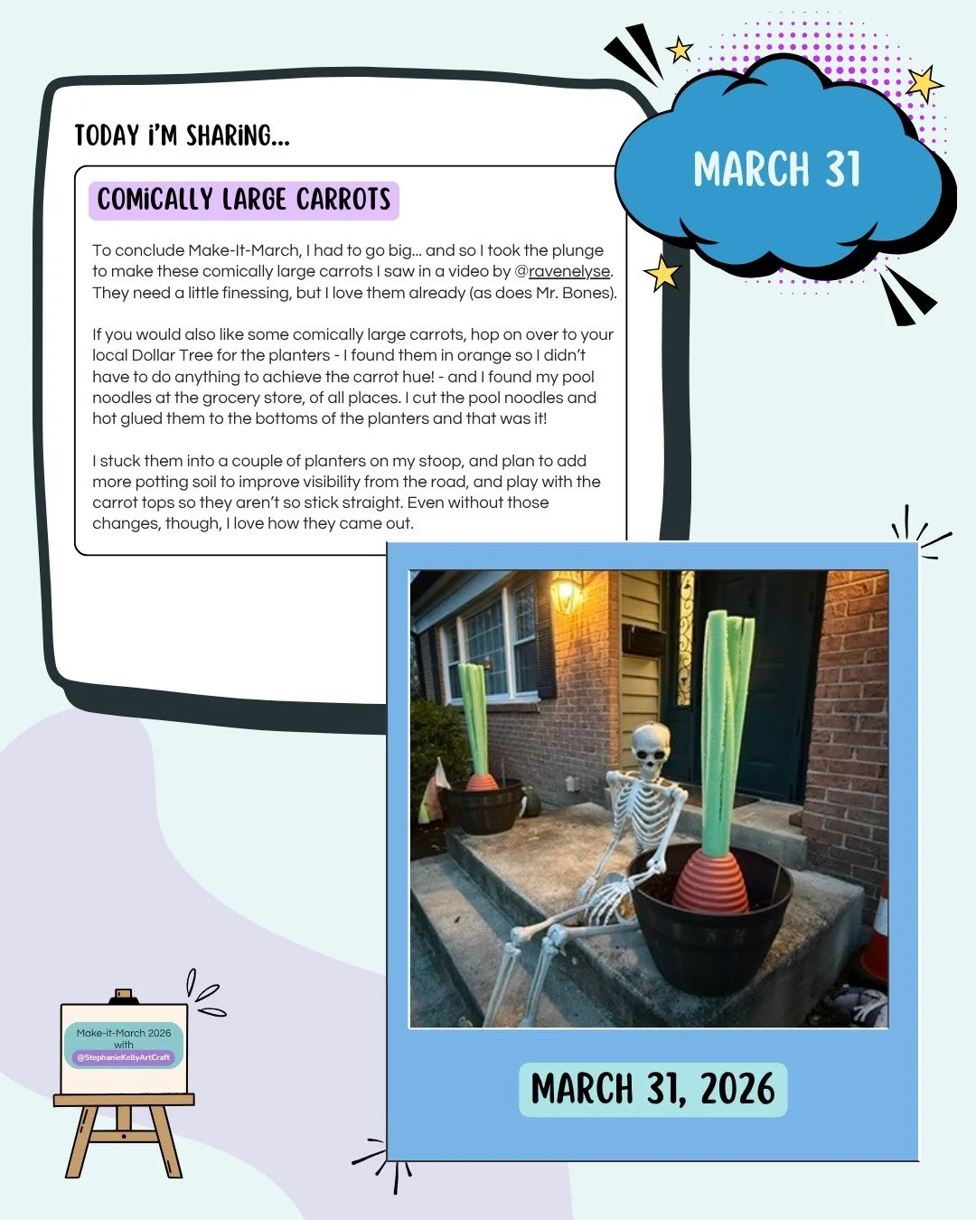 Day 31: Comically Large Carrots

Last day of March - we made it! It was a "go big or go home" kind of day and since I was already home, I went big. 

I followed along with @ravenelyse's video for these huge carrots, they were crazy easy to 