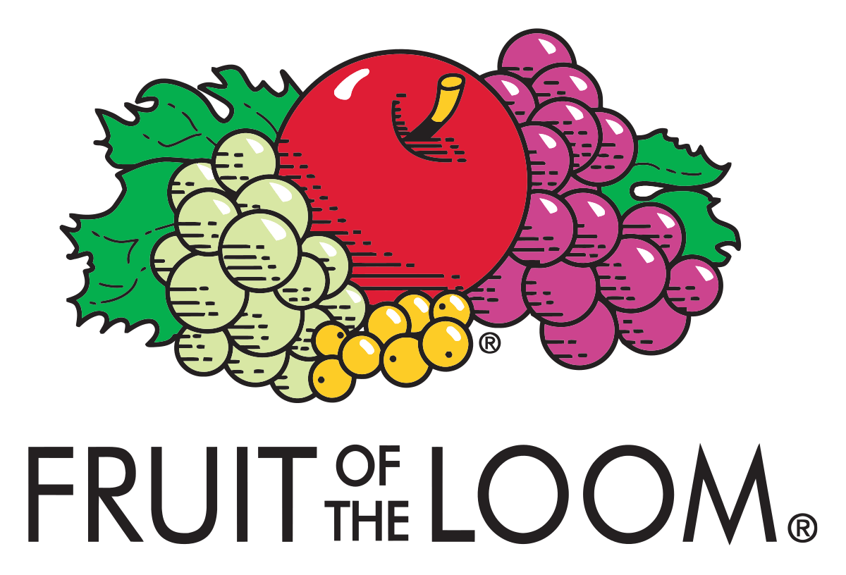 Logo colorido con uvas verdes y moradas y una manzana roja, con el texto "Fruit of the Loom" debajo.