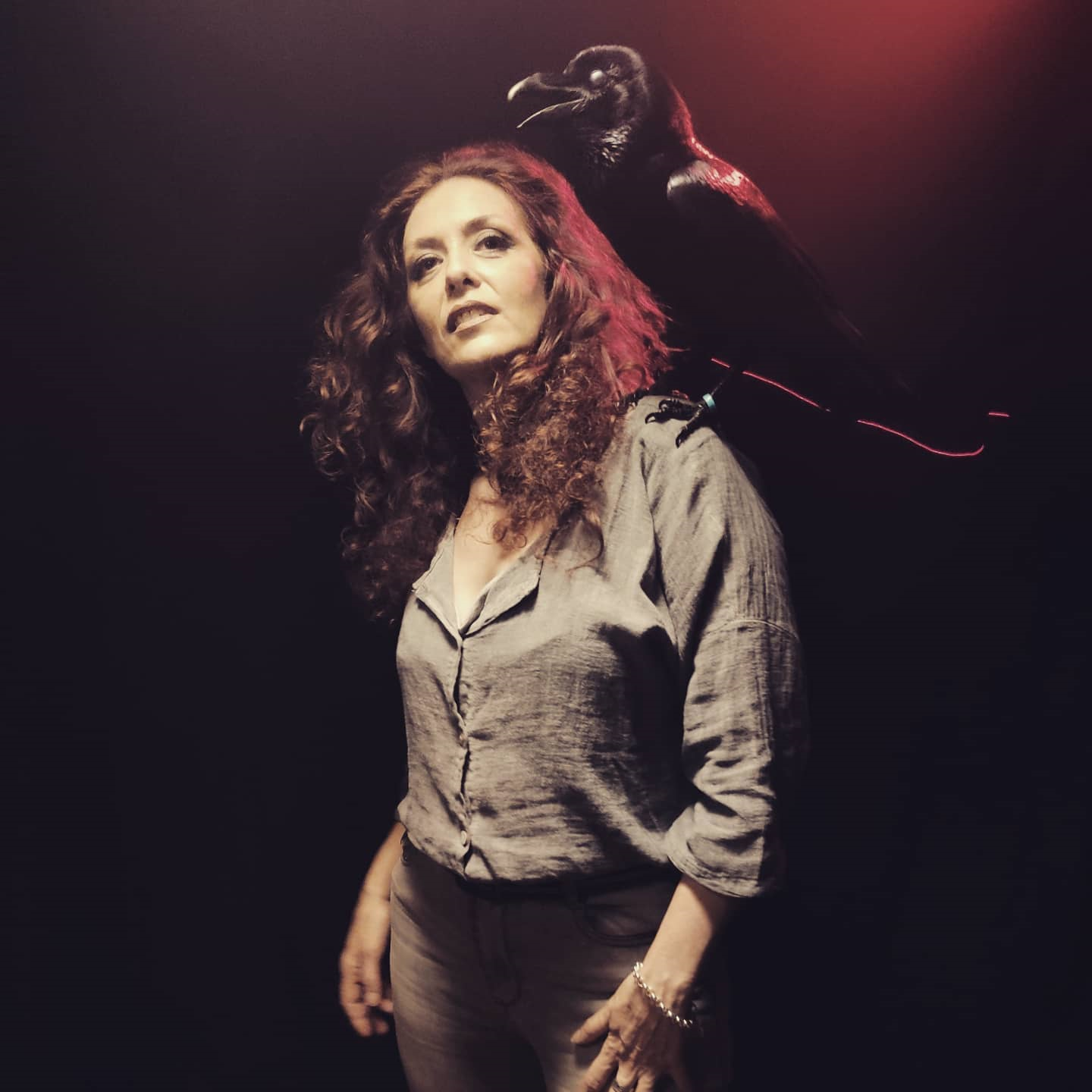 Mujer con cabello rizado en una camisa gris, con un cuervo posado en su hombro izquierdo, en un fondo oscuro con iluminación tenue interpretando un videoclip de Metal moderno, groove metal, metalcore y deathcore en Madrid.
