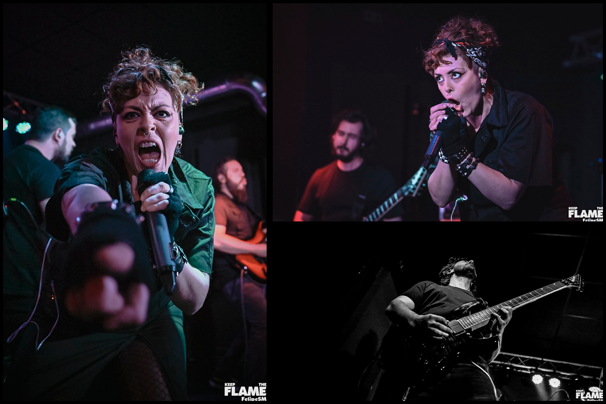 Tres fotos de una banda en vivo. En la primera, una mujer con cabello rizado, maquillaje oscuro y camiseta negra, sosteniendo un micrófono y mostrando una expresión intensa; en la segunda, la misma mujer cantando con un micrófono y una guitarrista al fondo; en la tercera, un músico tocando una guitarra eléctrica en un escenario oscuro.