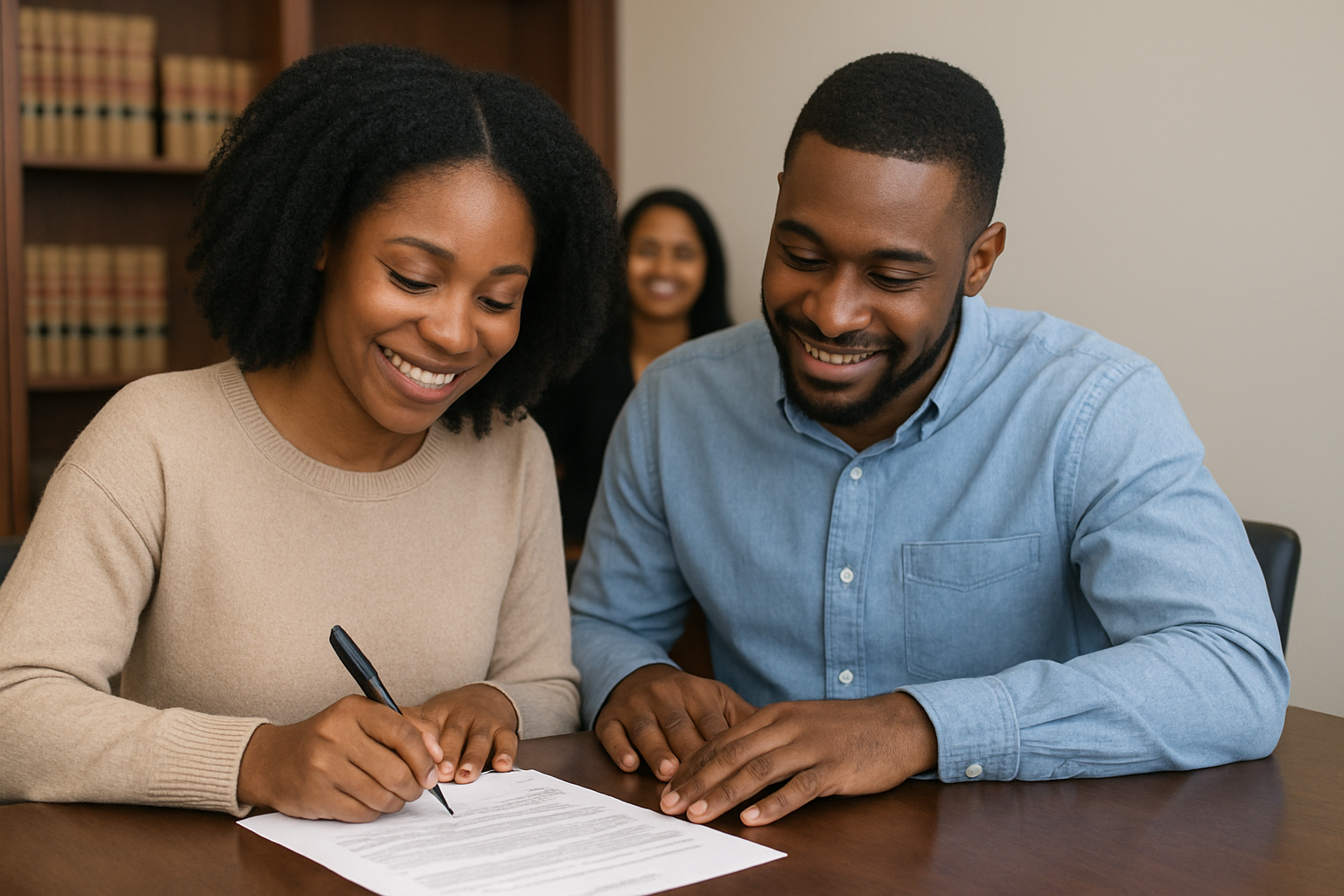 Two people signing real estate closing documents at a table, with a paralegal or attorney smiling in the background.