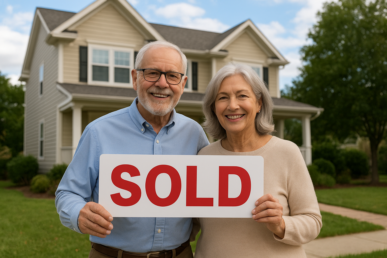 A senior couple smiling and holding a 'SOLD' sign in front of a house. The man is wearing glasses and a blue shirt, the woman is in a beige sweater. The house behind them is two-stories with beige siding, white trim, and a front porch, surrounded by greenery and a sidewalk.