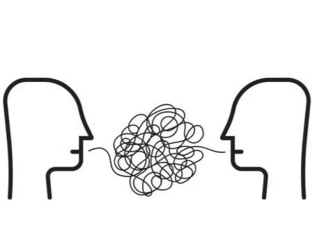 Two stylized human profiles facing each other with tangled scribbles between them, representing a conversation or communication.