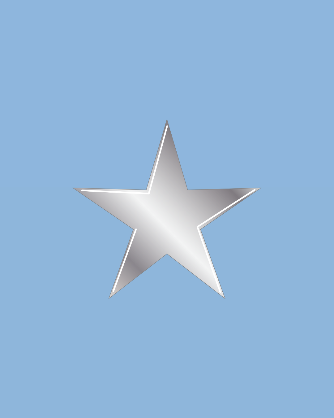 A silver star with a metallic shine on a light blue background.