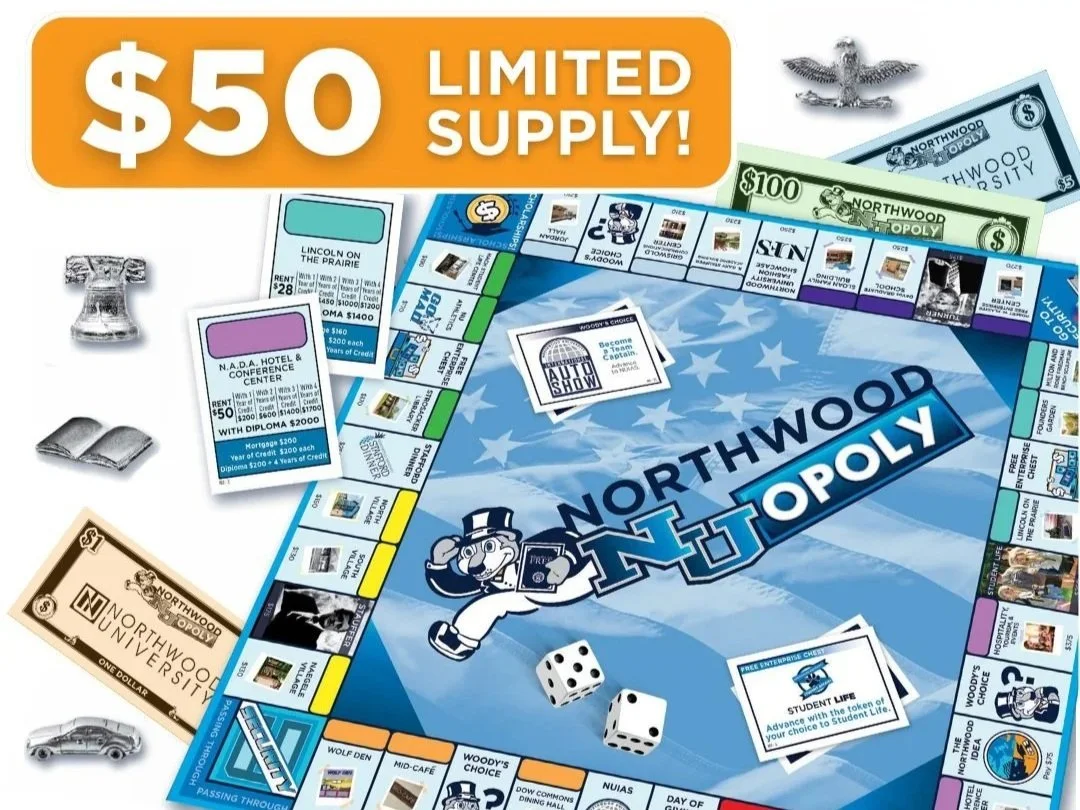 A Northwood Monopoly board game with property cards, game pieces, and play money, featuring a $50 limited supply banner.