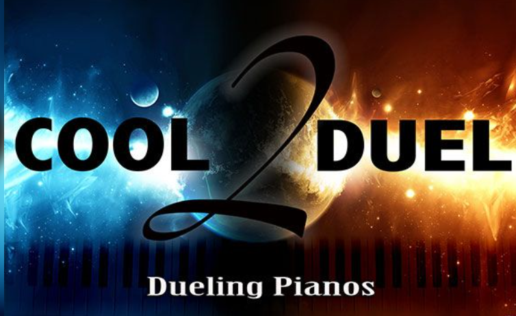 Logo for 'Cool Duel: Dueling Pianos', featuring a split background of cosmic blue and fiery orange with planets and stars, and large text 'COOL' and 'DUEL' separated by a stylized number 2.