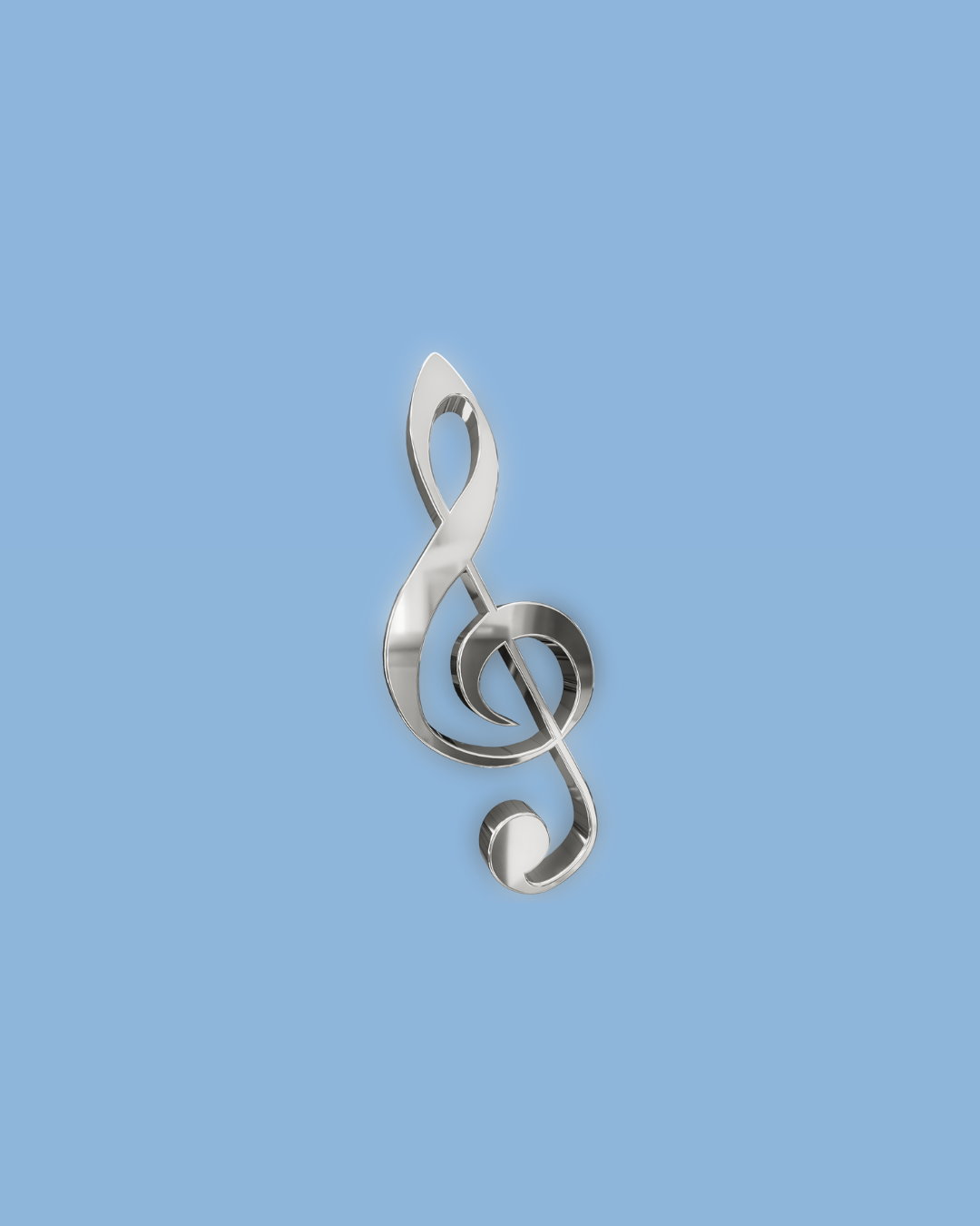 A metallic treble clef symbol against a light blue background.