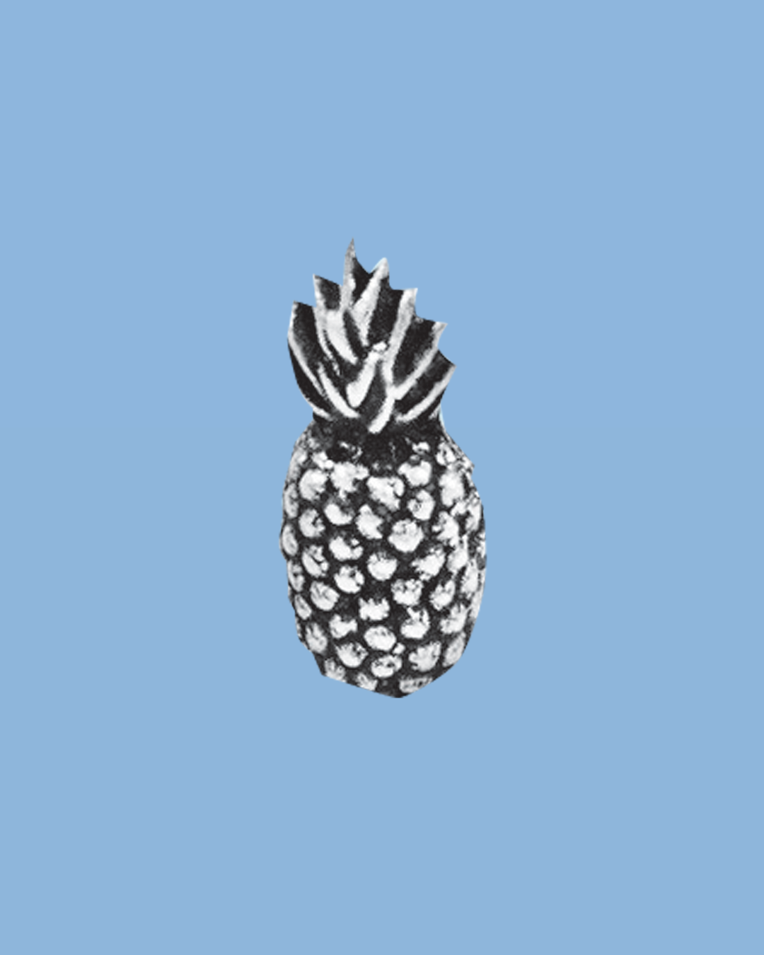 Black and white illustrated pineapple on a light blue background.