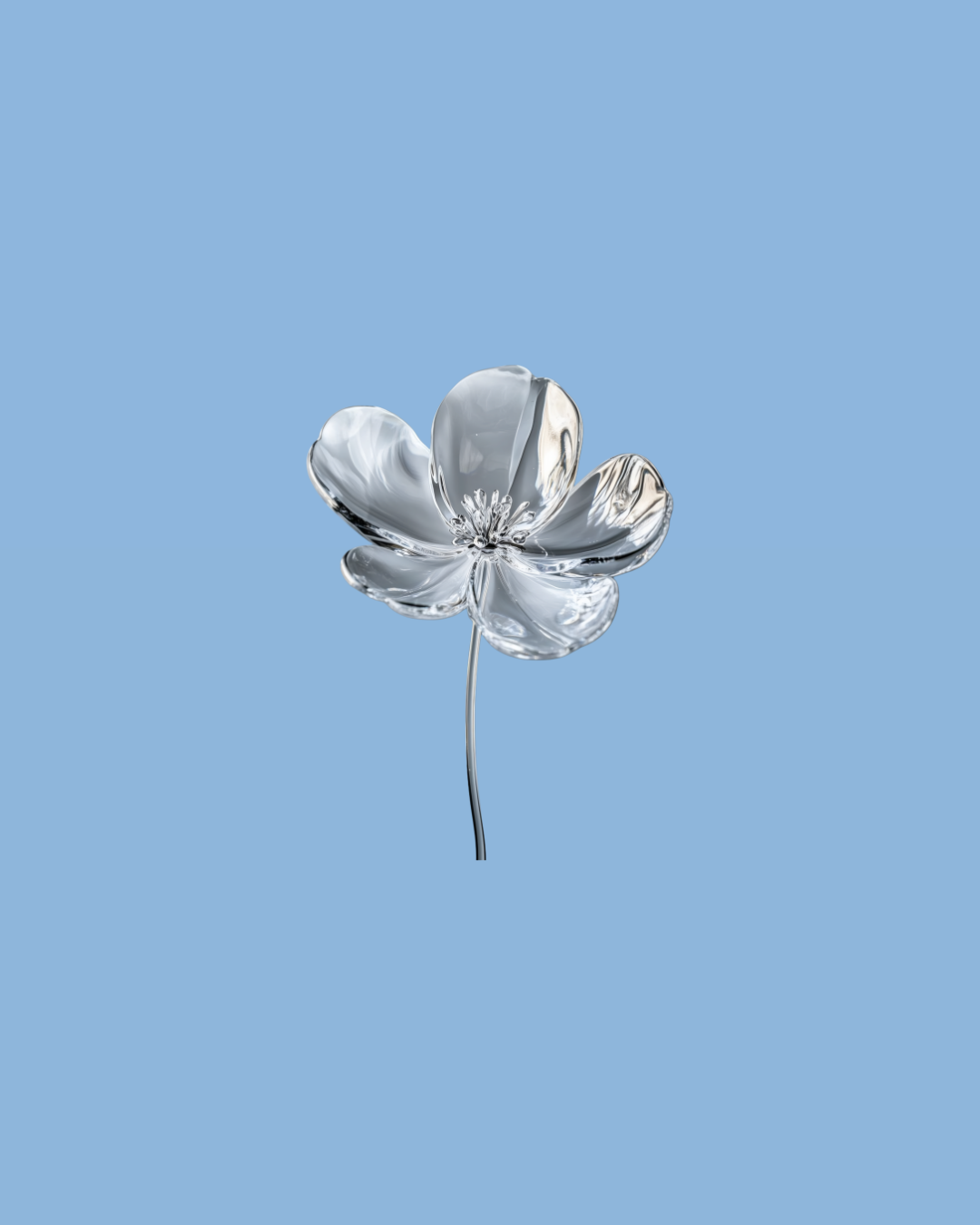 A silver metallic flower with five petals against a light blue background.