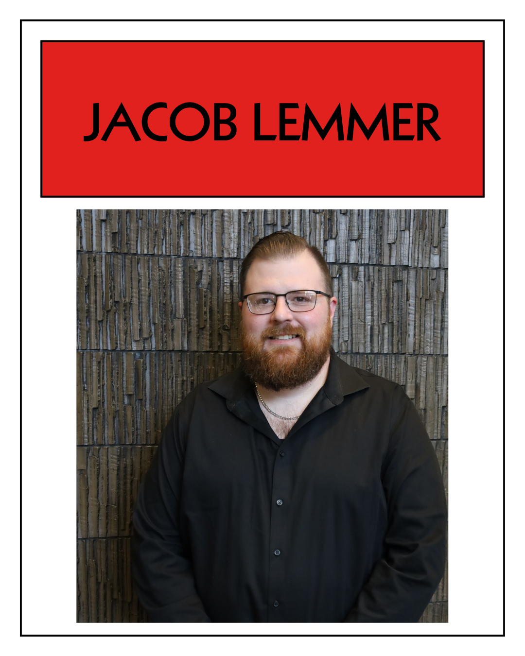 Portrait of Jacob Lemmer in front of a textured wall with a red banner displaying his name.
