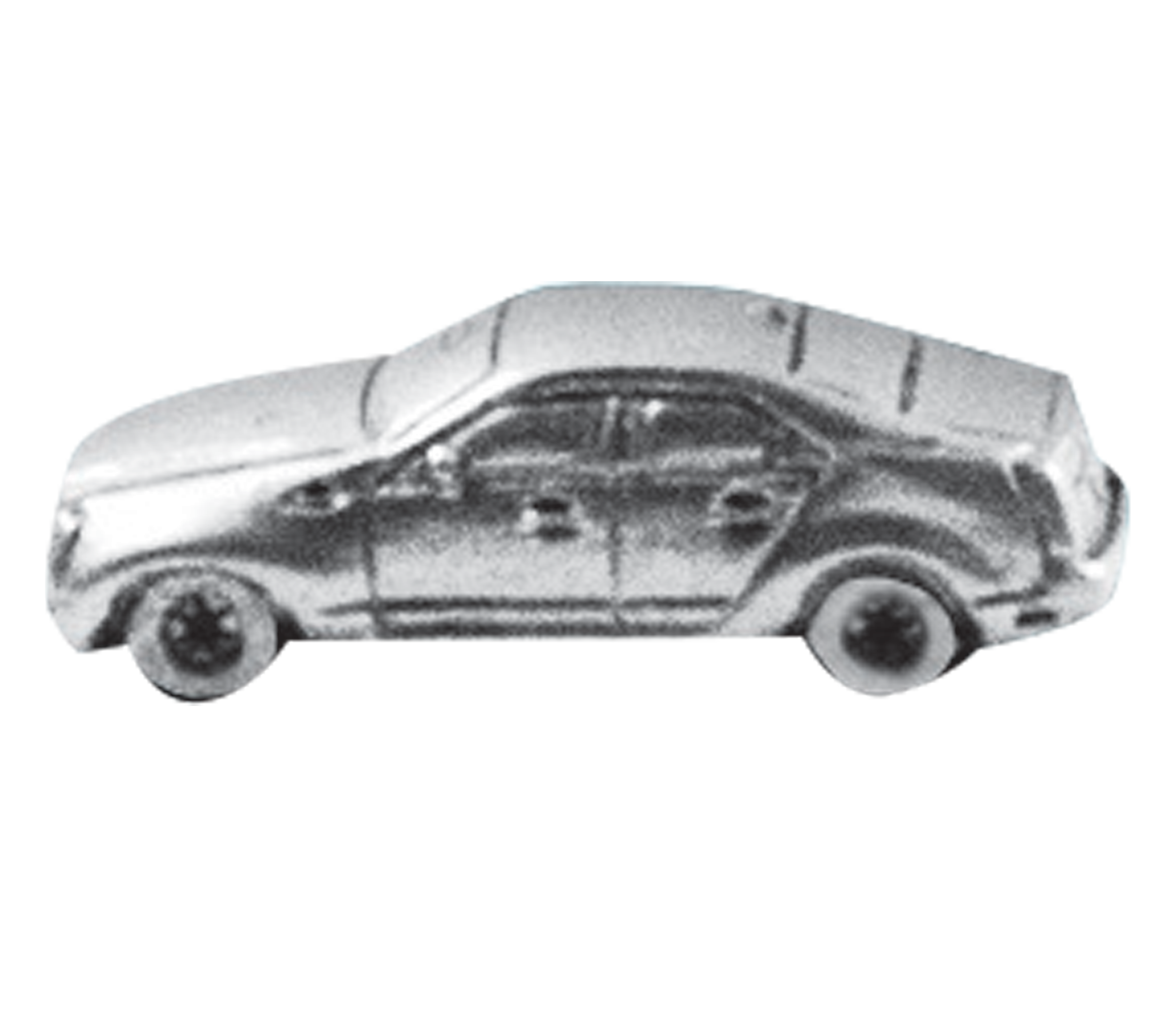 A black and white photo of a vintage car model with four doors, a sleek design, and rounded features.
