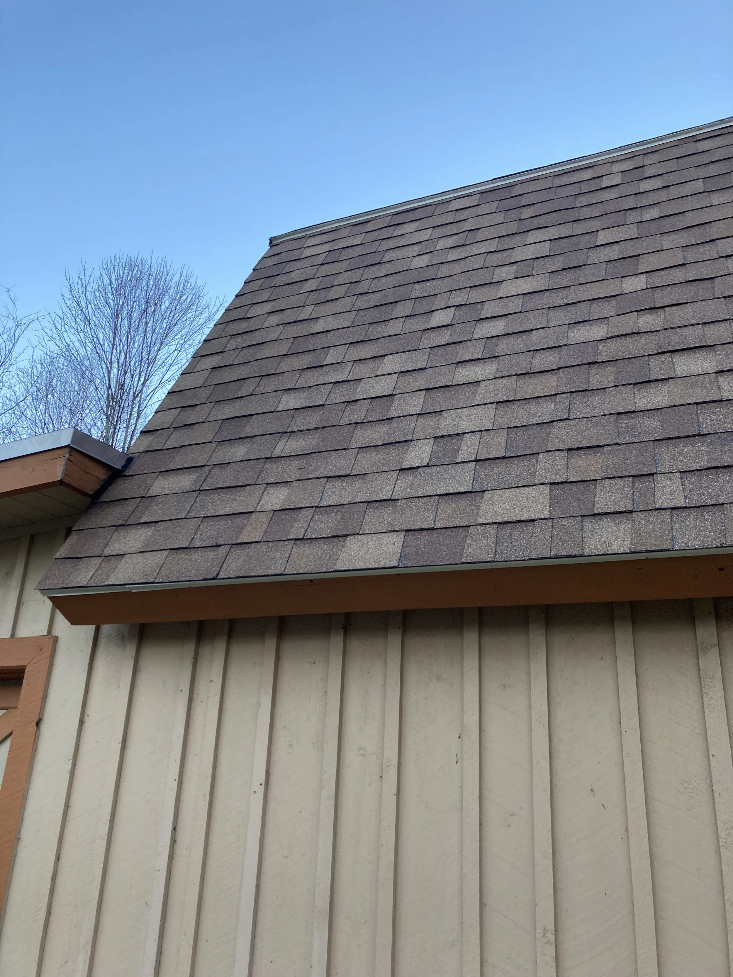 Close-up view of a house with beige vertical siding and a sloped roof covered with dark asphalt shingles, against a clear blue sky with some bare trees in the background.
