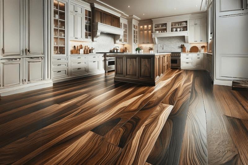 Modern kitchen with white and wood cabinetry, stainless steel appliances, and a large, unique wood floor with swirling grain patterns